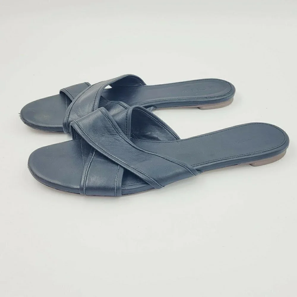 J. Crew Cora Black Leather Two Strap Slide Sandals Size 9